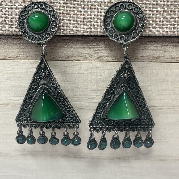Vintage Sterling Silver 900 Green Oval Triangle Stone Dangle Clip Earrings KETE - Picture 1 of 10